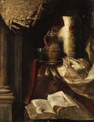 Stilleben mit alten Büchern, Krug und Weinglas